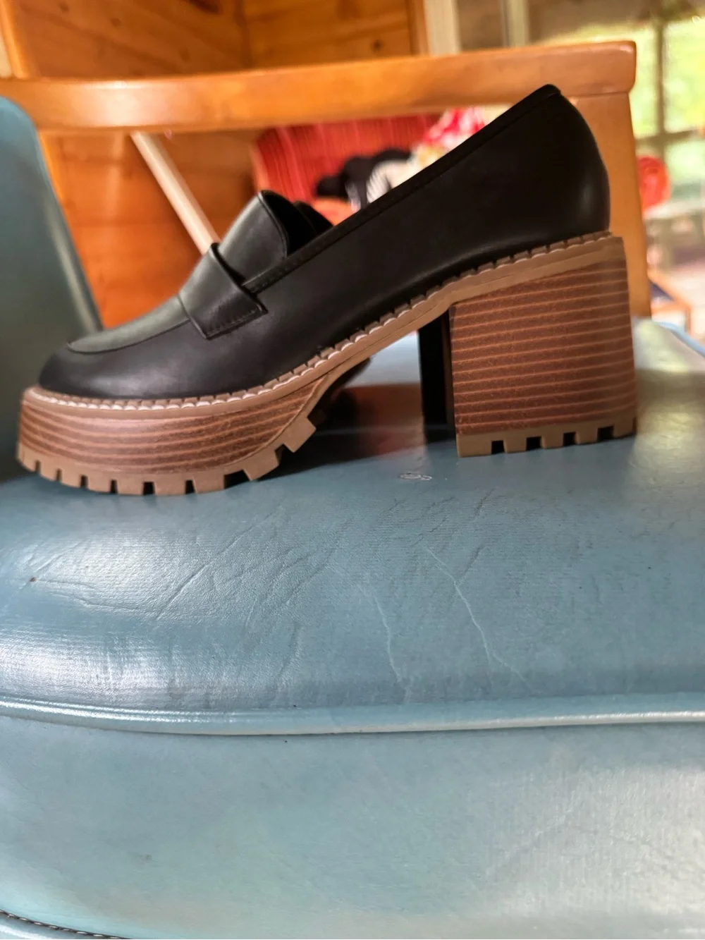 MIA Black Leather Platform Loafers with Wood-Effect Sole